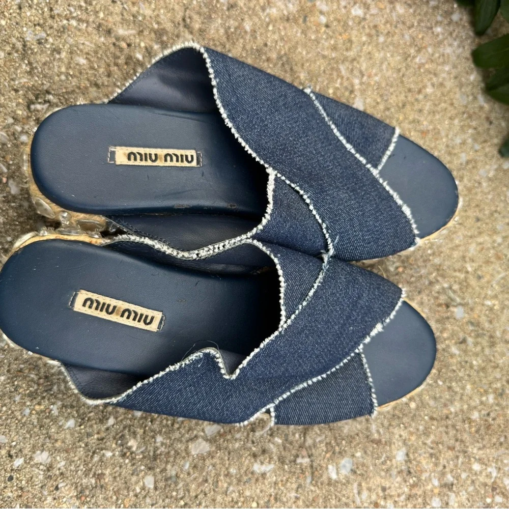 Miu Miu Criss Cross Jeweled Blue Y2K Denim Platform Sandals